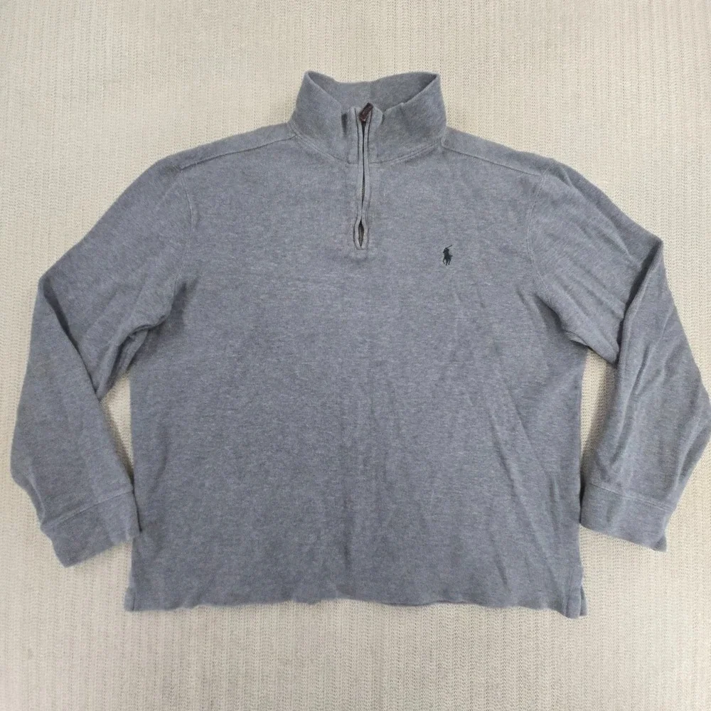 Polo Ralph Lauren Sweater Men Large Gray 1/4 Zip Mock‎ Neck Blue Pony Sweatshirt